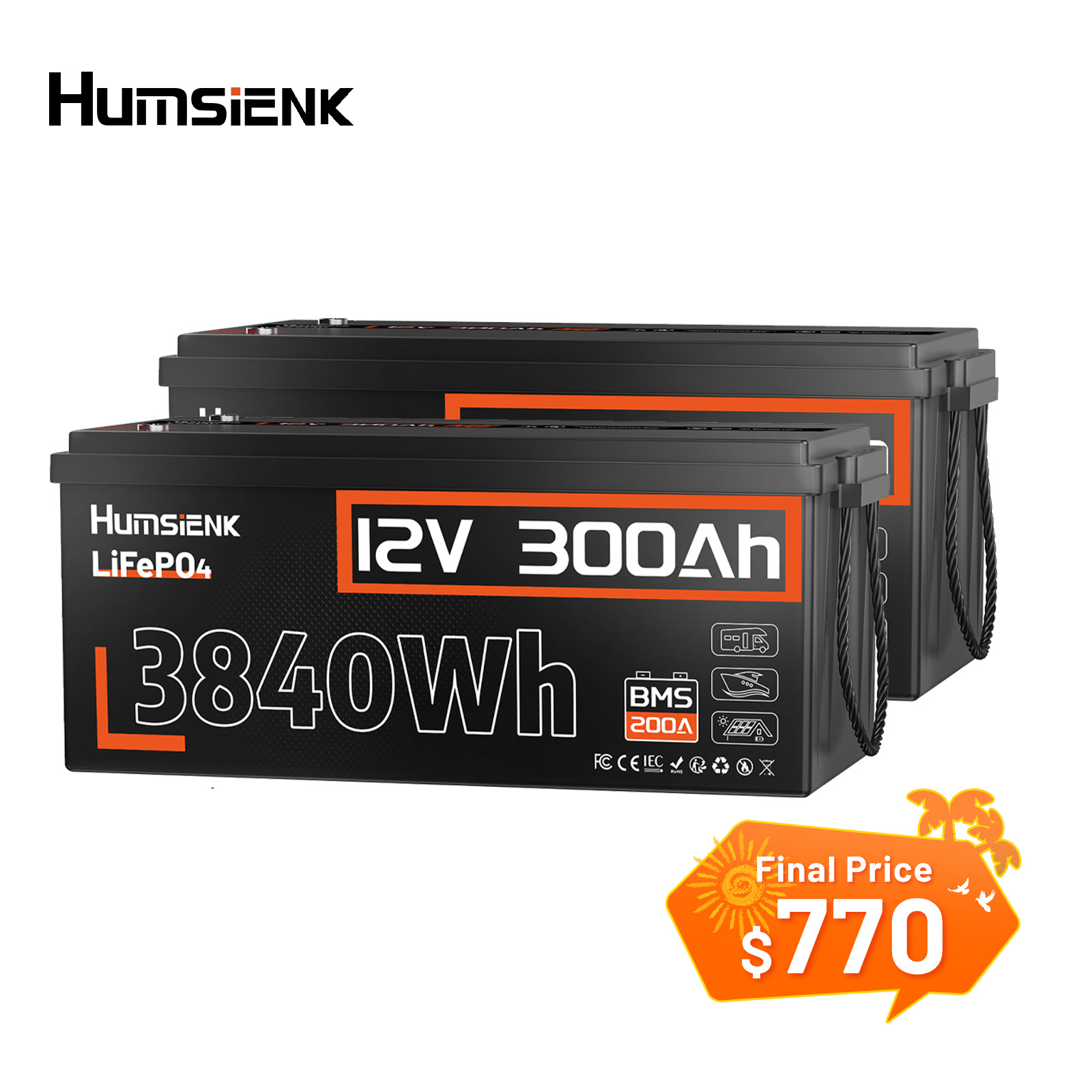 2Pack 12V 300Ah LiFePO4 Lithium Battery 7680Wh Rechargeable Deep Cycles Camping