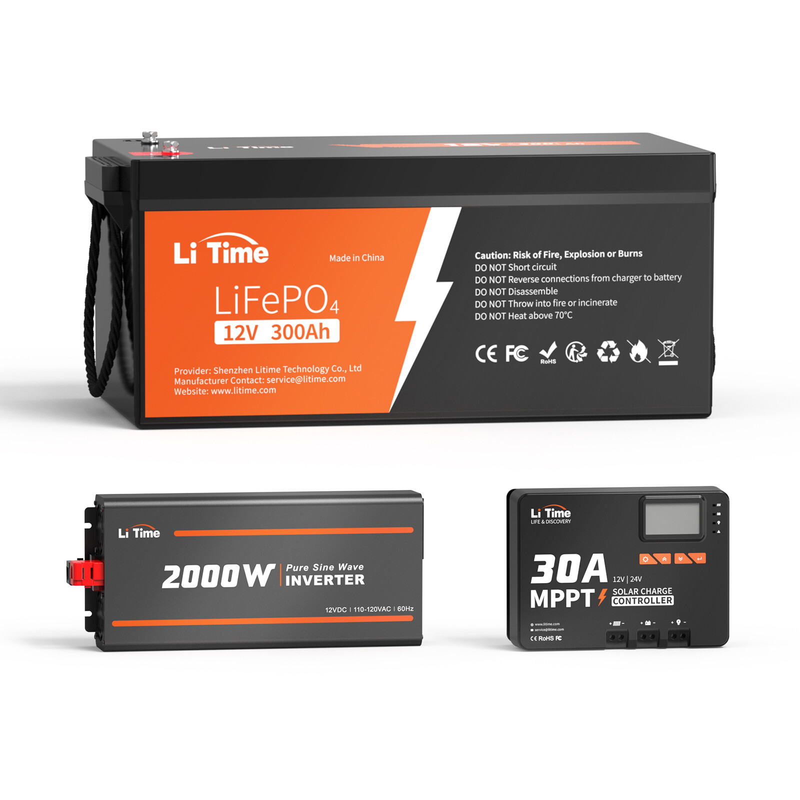 LiTime 3.84kWh Energy 12V 300Ah LiFePO4 12/24V 30A MPPT 12V 2000W Inverter