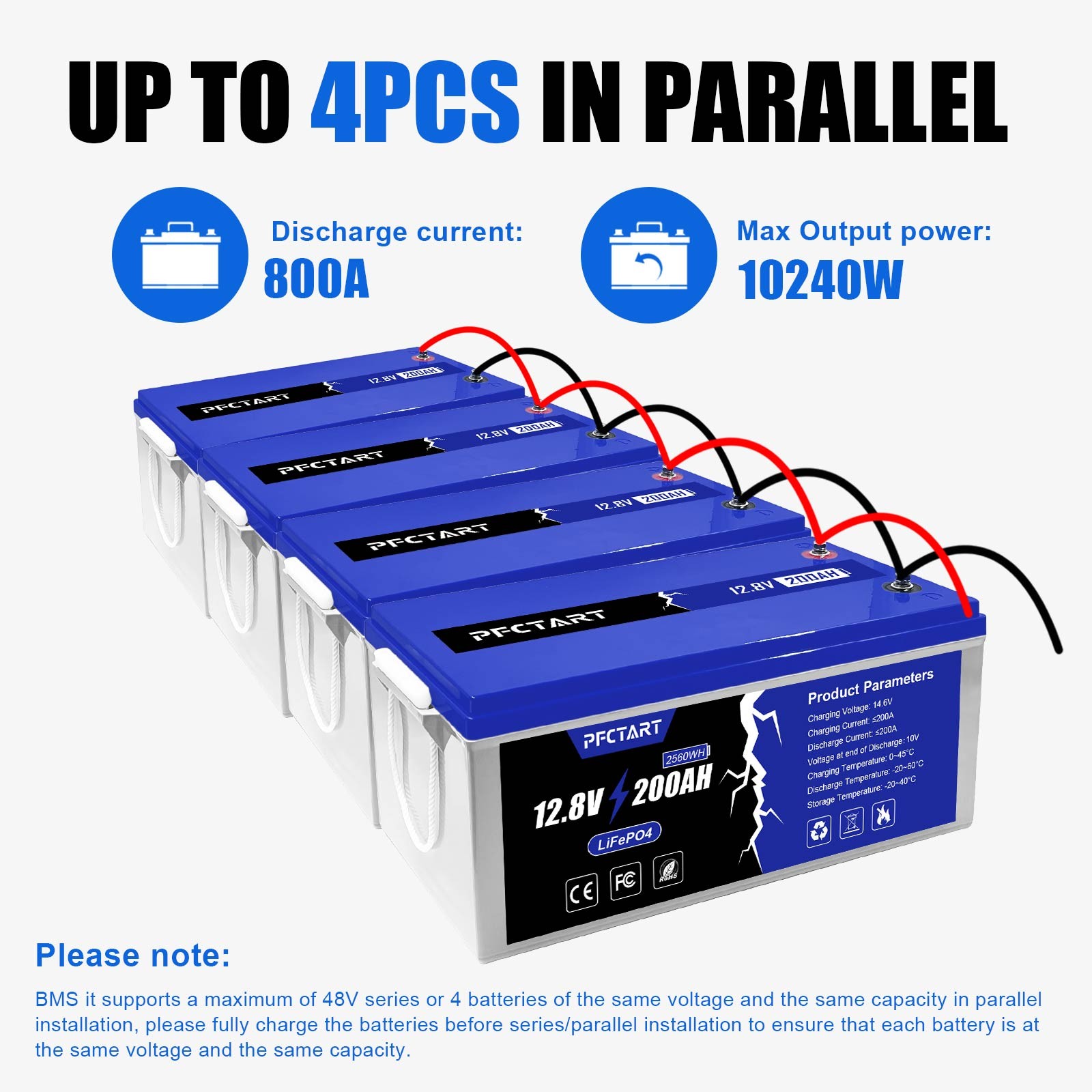 PFCTART LiFePO4 12V 200Ah PLUS 200A BMS Lithium Battery for RV Solar Off-Grid