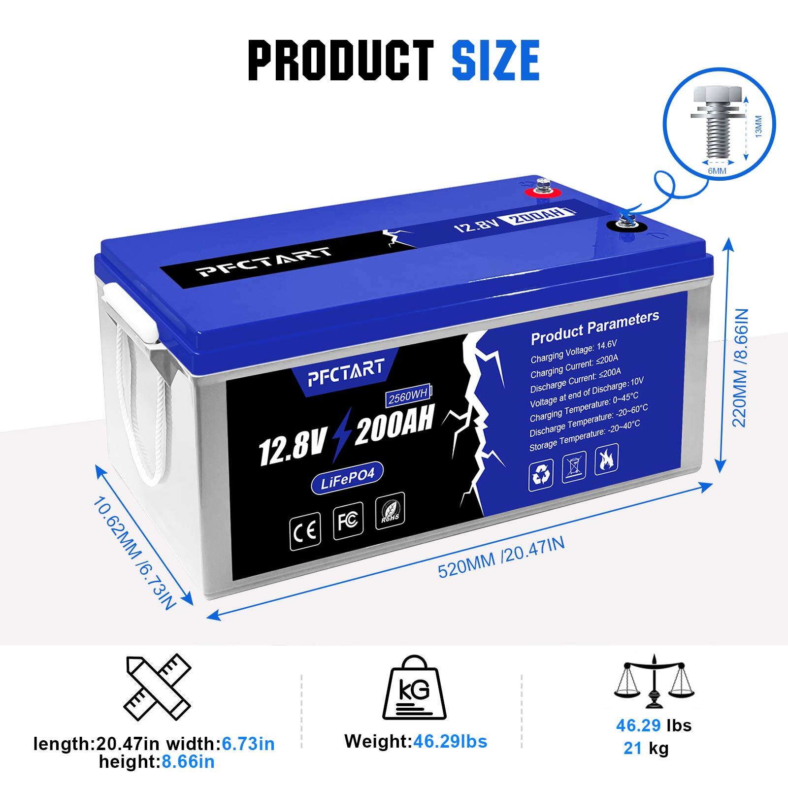 12V 200Ah 2560W LiFePO4 Lithium Battery for RV Off-grid Trolling Motor Boat