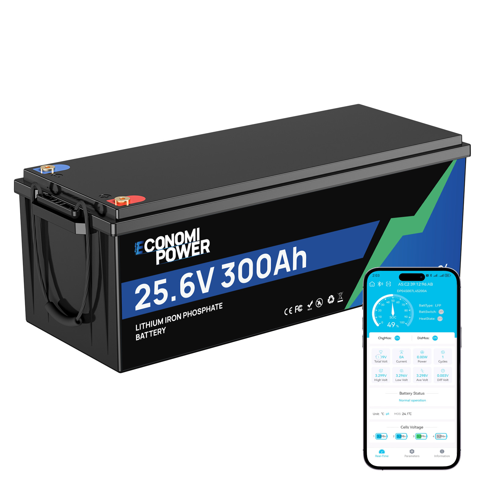 24V 300Ah LiFePO4 Deep Cycle Battery 7.68kWh 200A BMS for Solar RV Off-Grid Boat