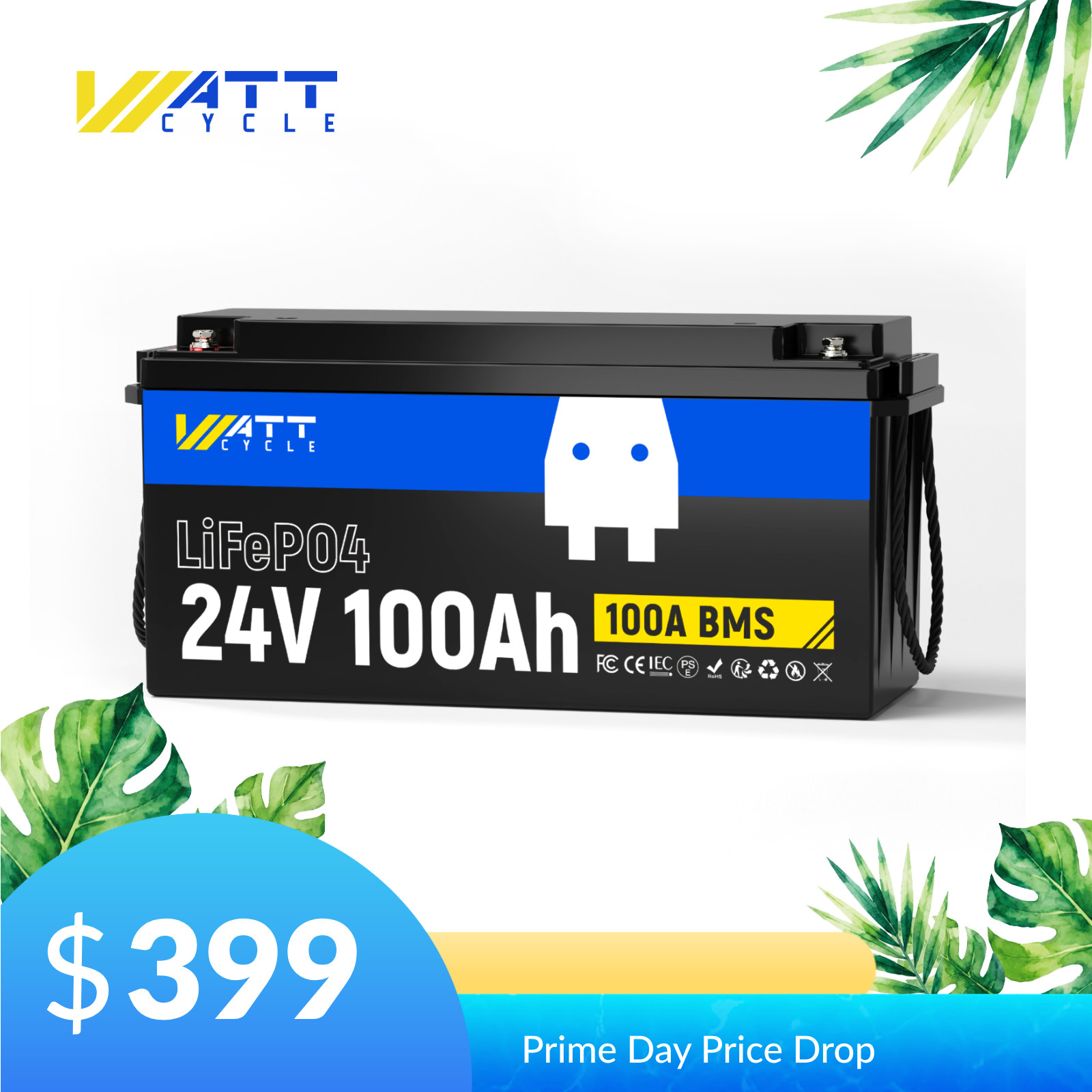 WattCycle 24V 100Ah LiFePO4 Lithium Battery 2560W for RV Trolling Motor Off-Grid