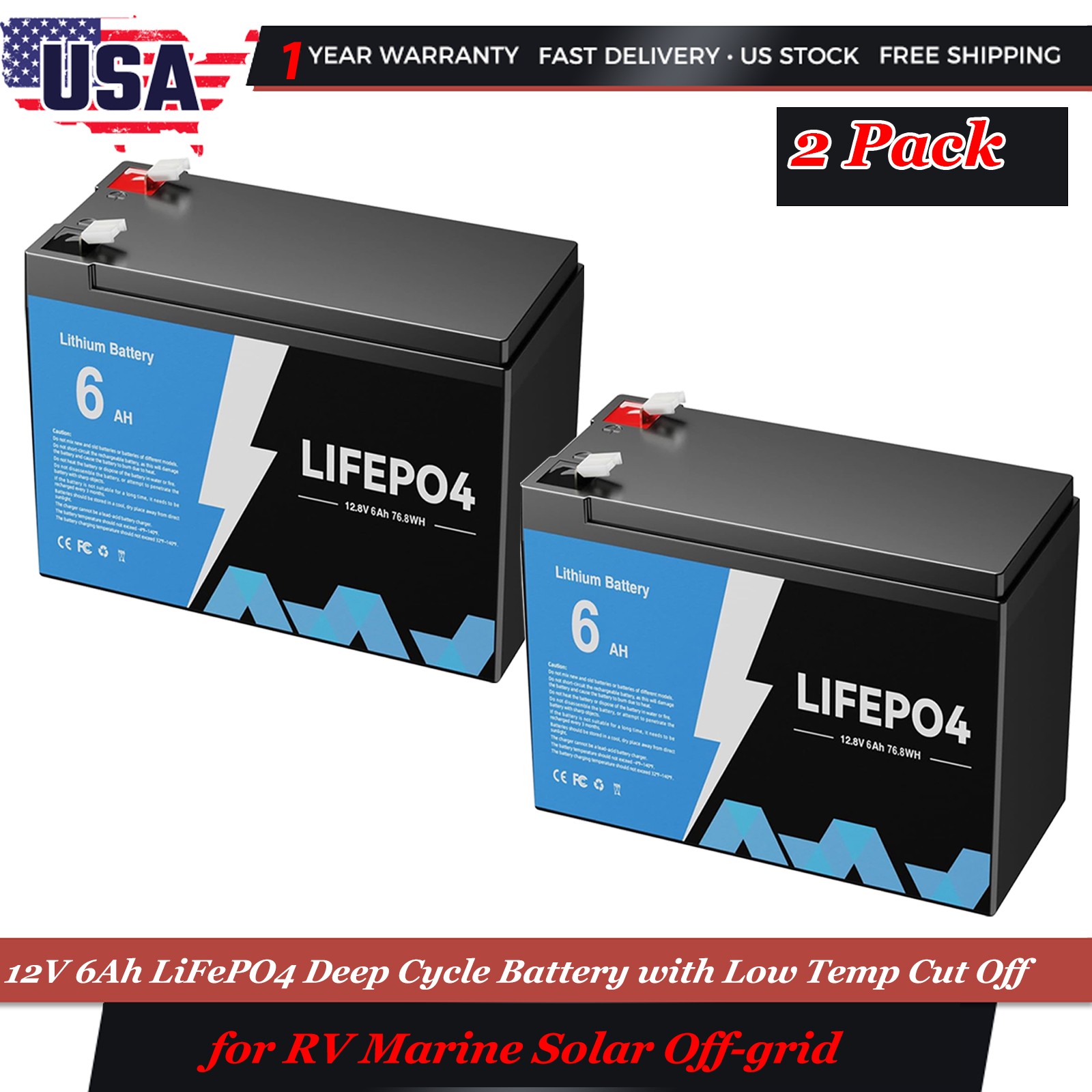 12V LiFePO4 Deep Cycle Battery 6Ah Rechargeable BMS For RV Marine Solar Off-grid