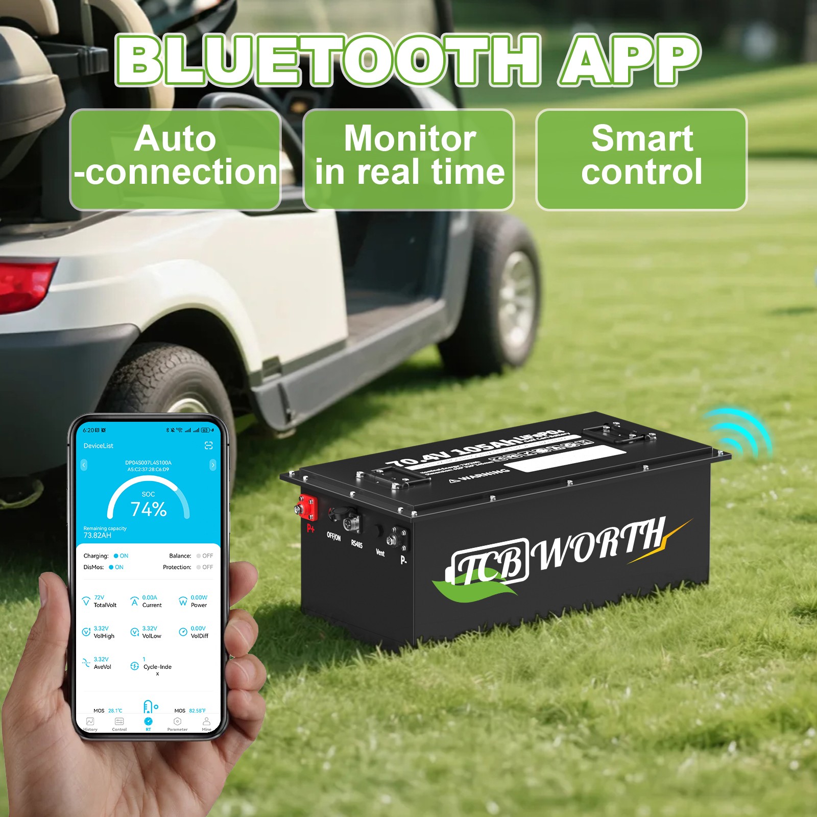 72V 105AH Lithium 200a BMS Golf Cart Battery Lifepo4 Charger Bluetooth MetalCase