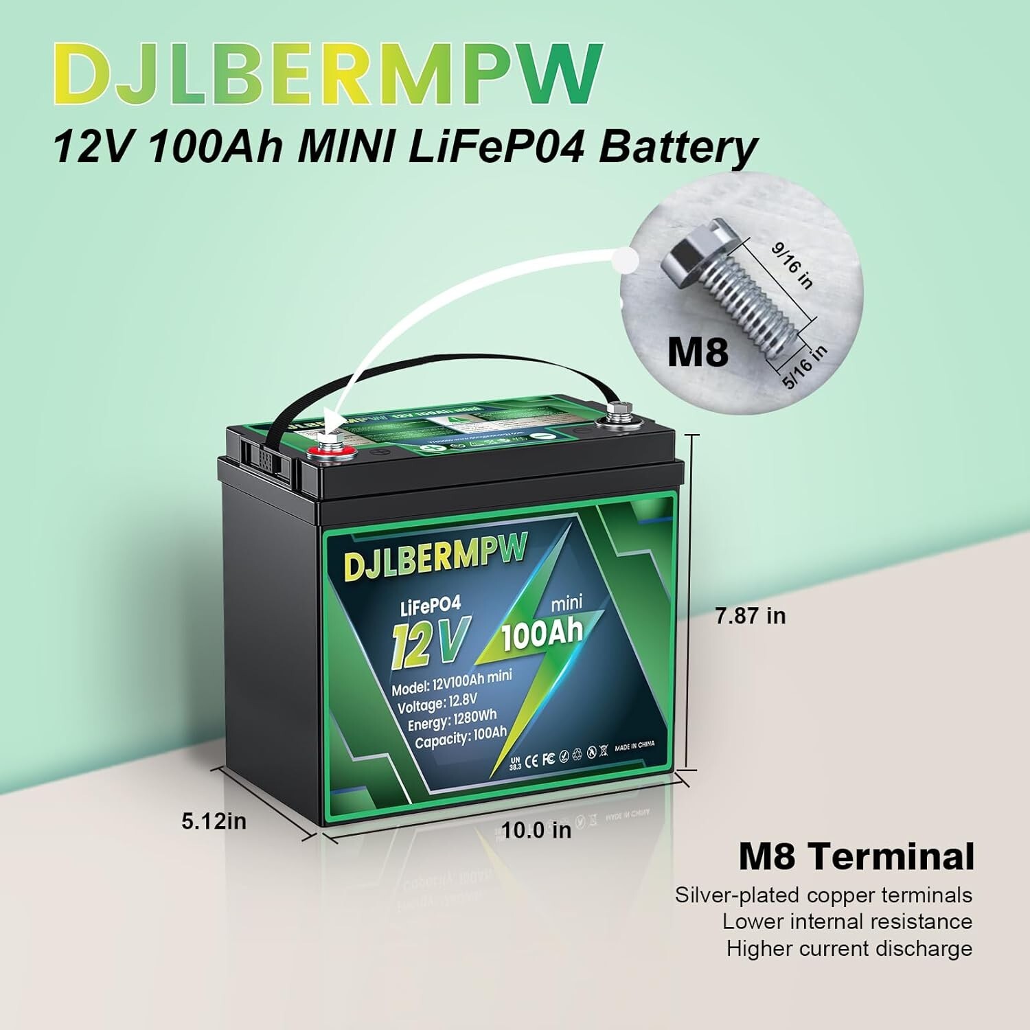 Mini 12V 100AH Smaller Size LiFePO4 Lithium Battery 100A BMS for RV Marine Solar