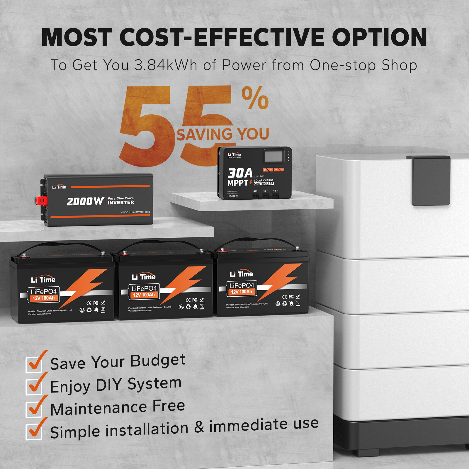 LiTime 3.84kWh Battery System 3x12V 100Ah LiFePO4+30A MPPT+2000W Inverter for RV