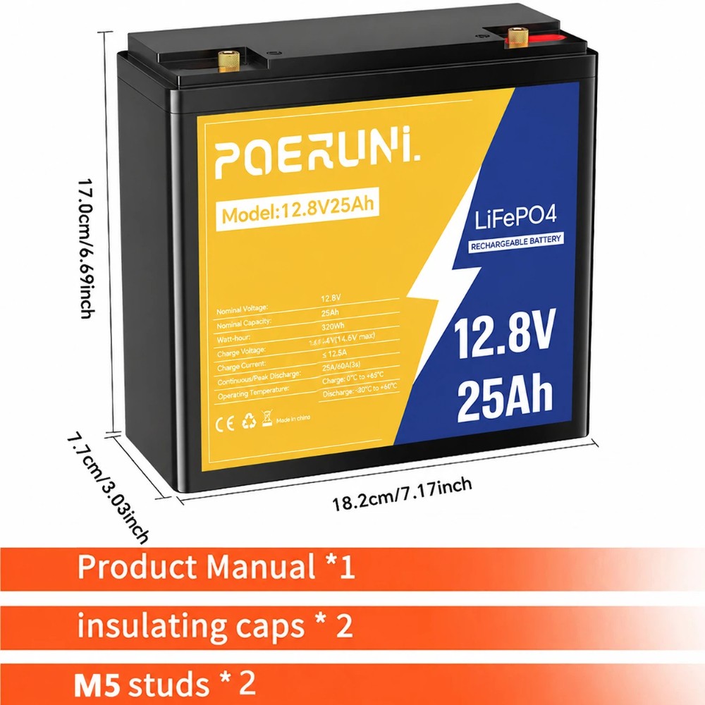 POERUNI 12V 25Ah LiFePO4 Lithium Battery Built-in BMS 5000+ Deep Cycle for Solar
