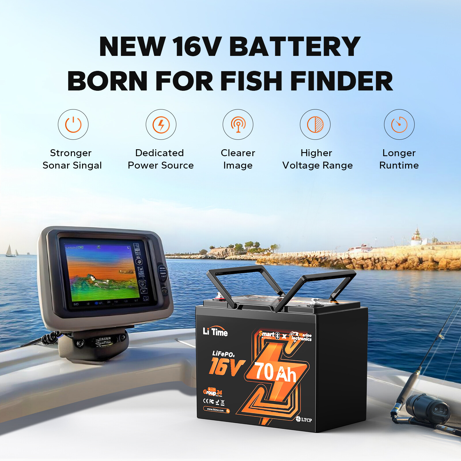LiTime 16V 70Ah Bluetooth LiFePO4 Lithium Battery+10A Charger For Fish Finder