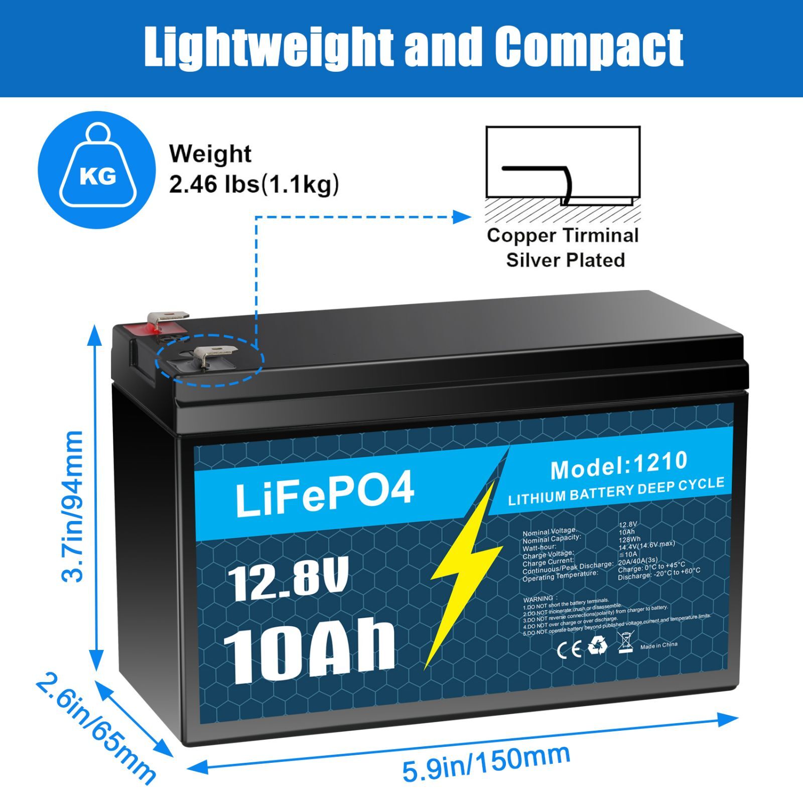 12V 10Ah Lithium LiFePO4 Deep Cycle Battery for Solar/Wind Power, Small UPS