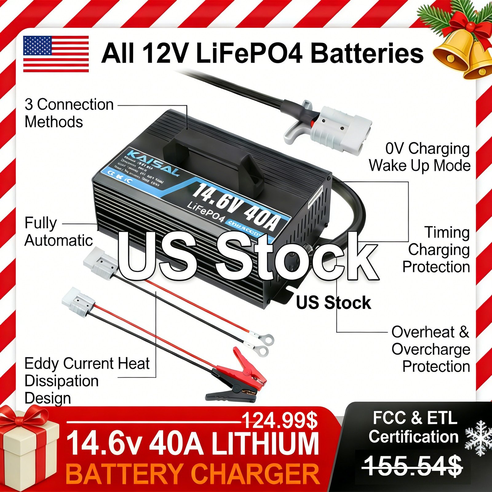 14.6V 40A LiFePO4 Smart Charger w/Temp Control for RV Solar Marine FCC/ETL US