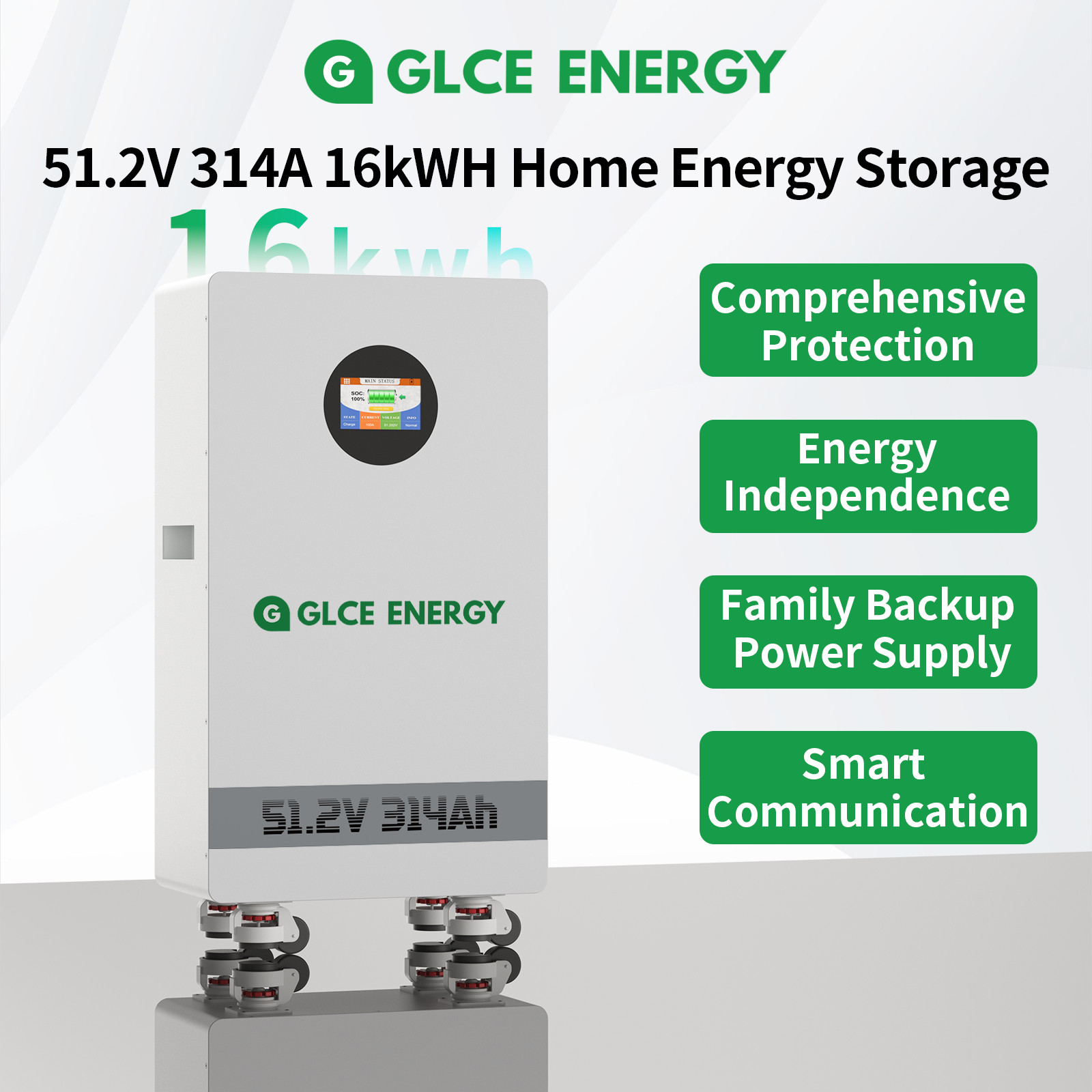GLCE ENERGY 16.07kWh 48V 314AH LiFePO4 Battery Vertical Standing Solar Backup