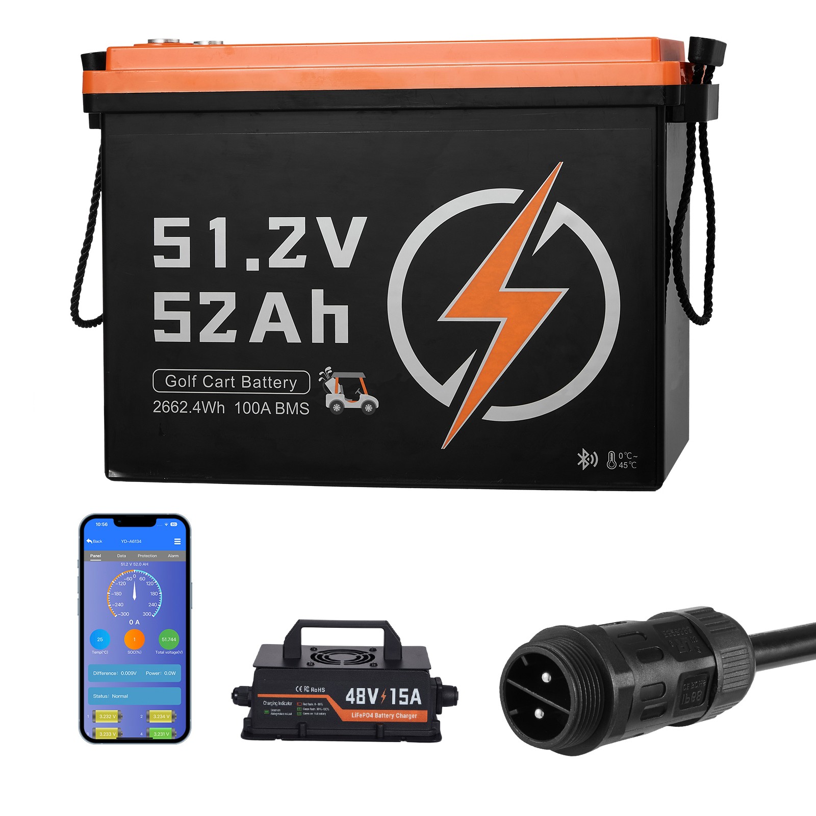 Uimoso 48V 51.2V 52Ah Lithium Battery with Charger and Bluetooth App