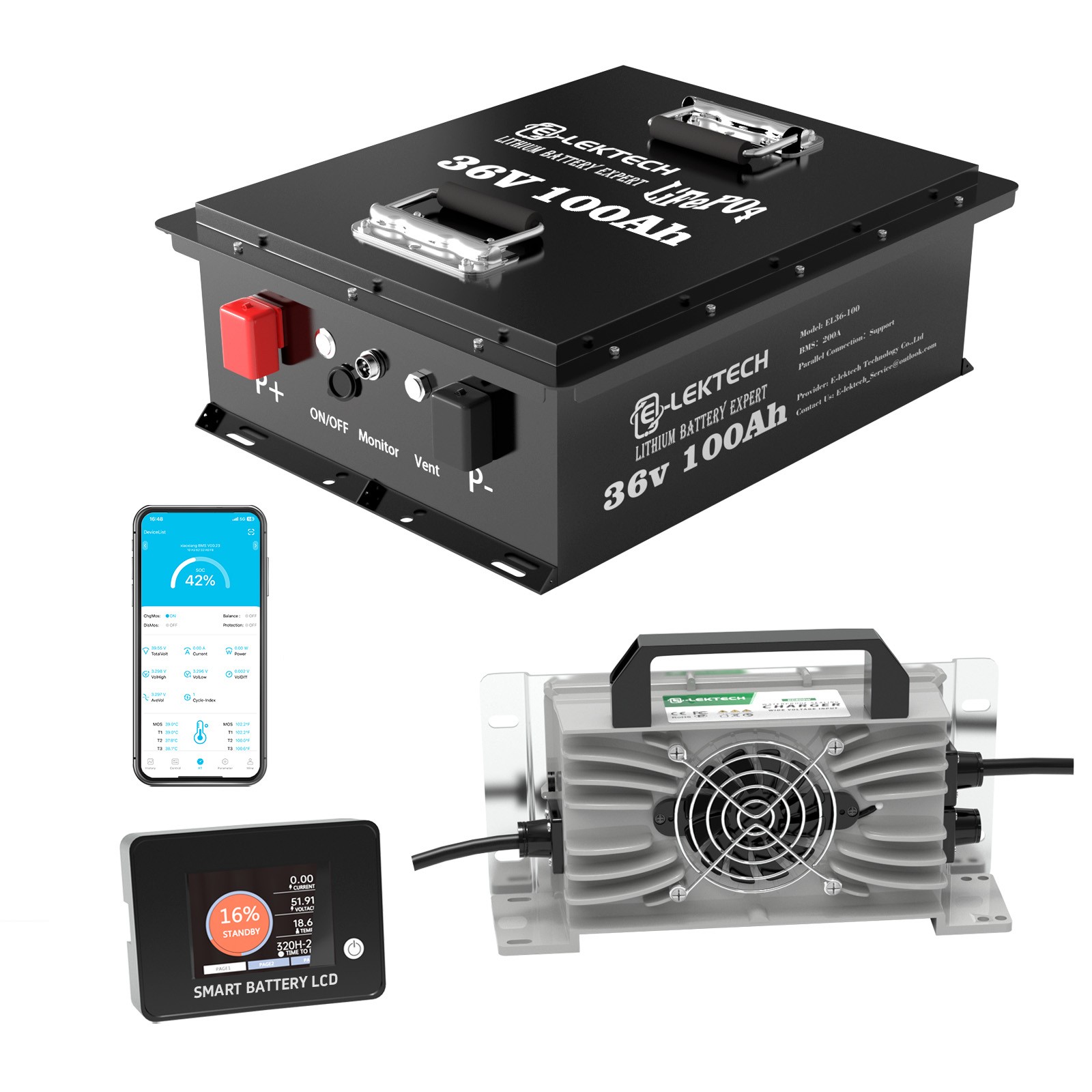 36V 100Ah Golf Cart LiFePO4 Lithium Battery 200A BMS With APP&15A Chager&Monitor
