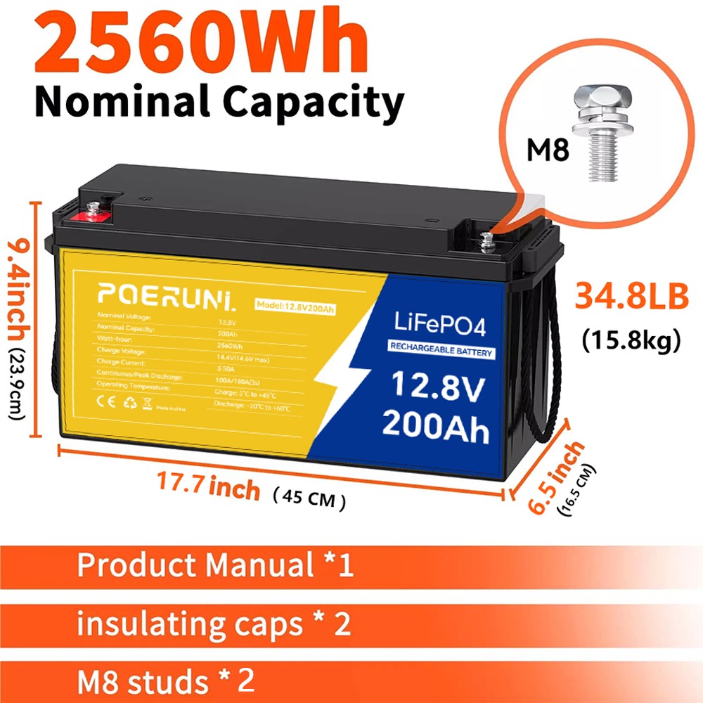 12.8V 200Ah LiFePO4 Lithium Battery 2.56kWh 15000+ Deep Cycles Built-in BMS