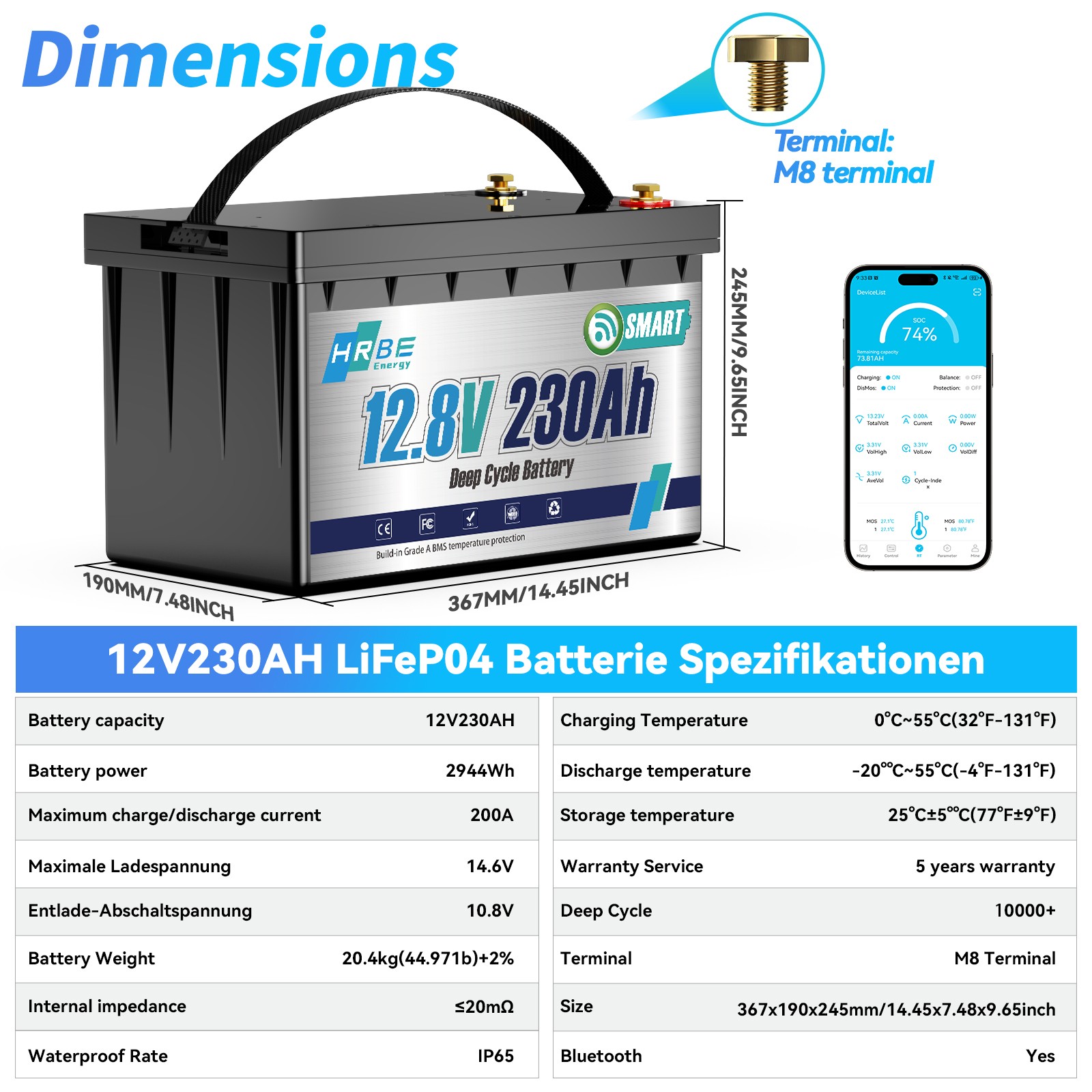 12V 230Ah Bluetooth Low Temp 200Ah BMS LiFePO4 Lithium Battery 3840WH For Marine