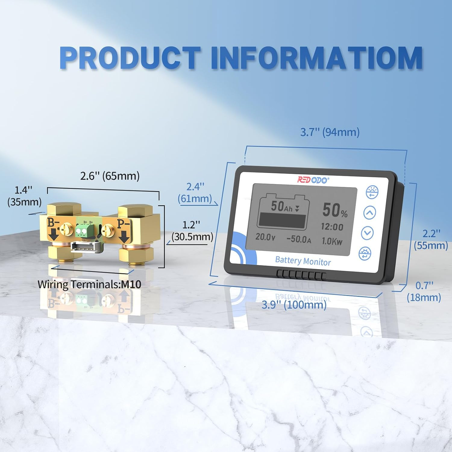 Battery Monitor with Shunt, Battery Meter Voltage Range 8V-120V, up to 500A for