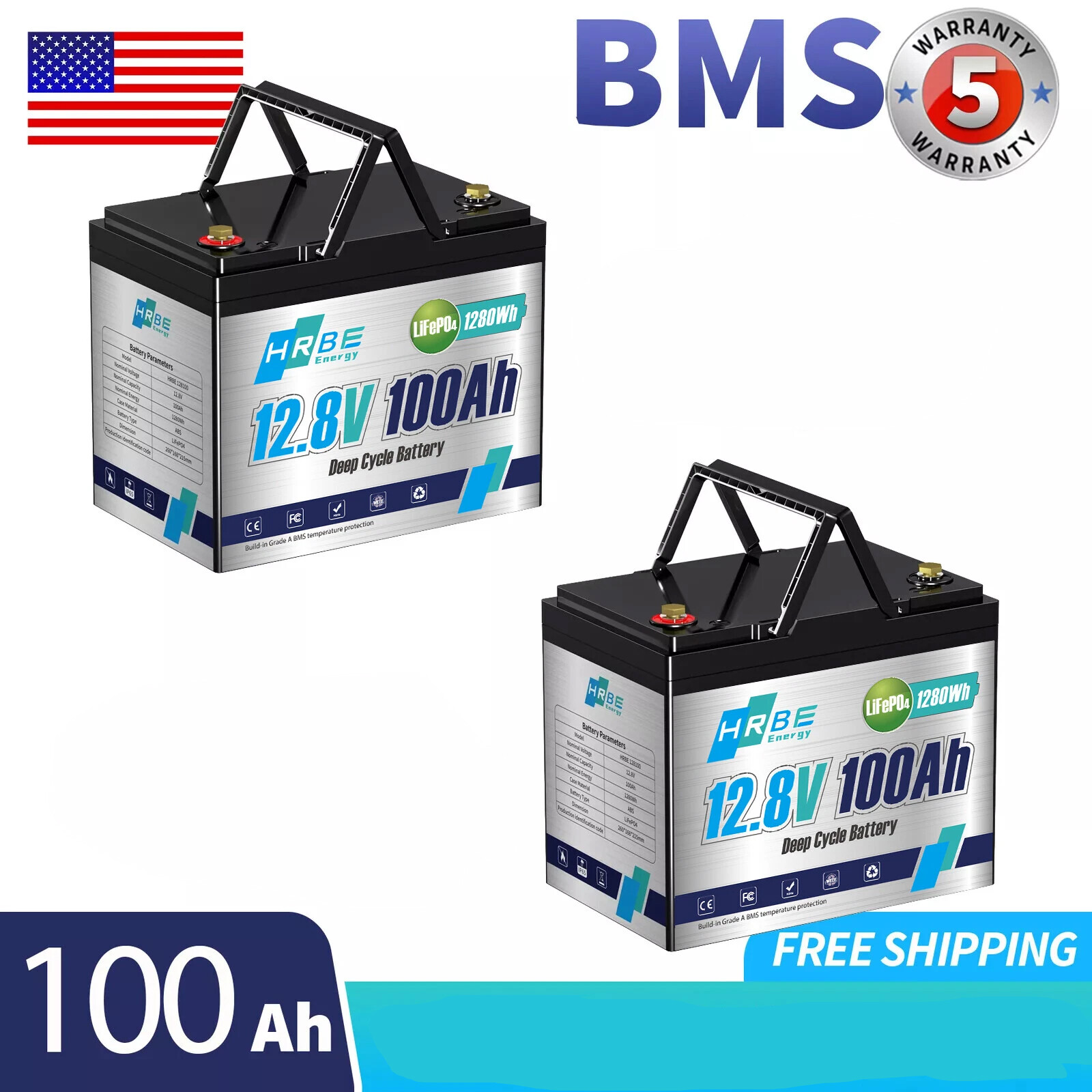 HRBEENERGY 2 Pack 12V 100Ah LiFePO4 Deep Cycle Lithium Battery BMS for Solar RV