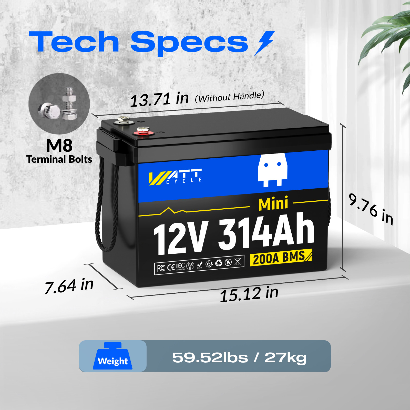 WattCycle 314Ah 12V 300Ah LiFePO4 Lithium Battery 4019Wh 200A BMS for Off-Grid