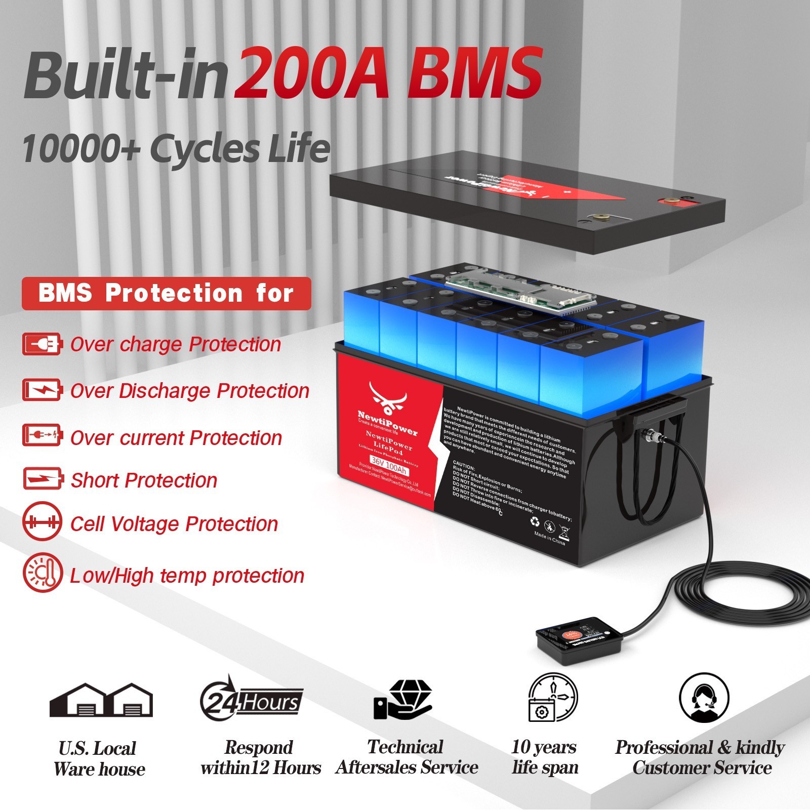 36V 100Ah LiFePO4 Lithium Battery with 15A Charger Golf Cart Trolling Motor RV