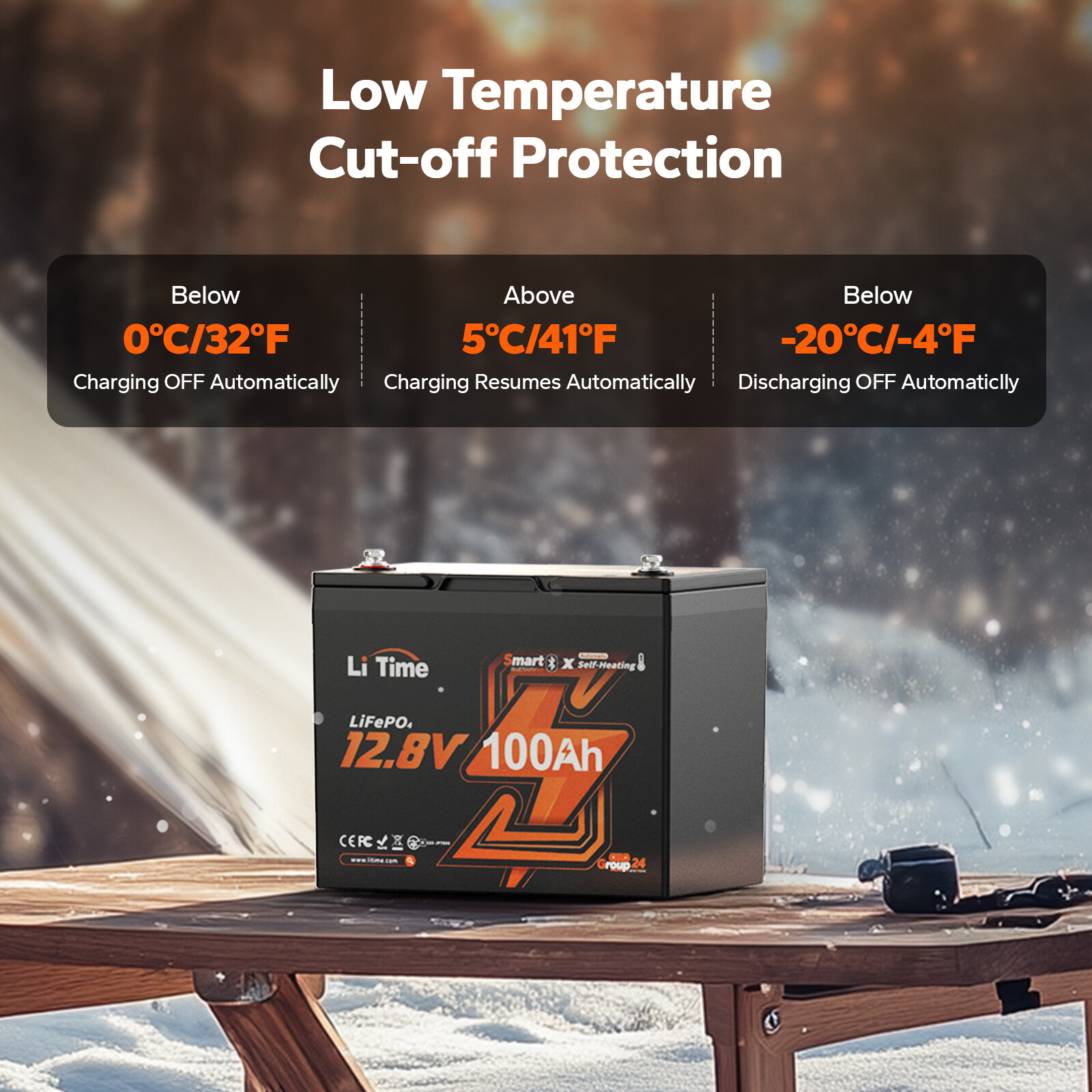 LiTime 12V 100Ah LiFePO4 Self Heating Battery Group 24 Size Bluetooth RV Lithium