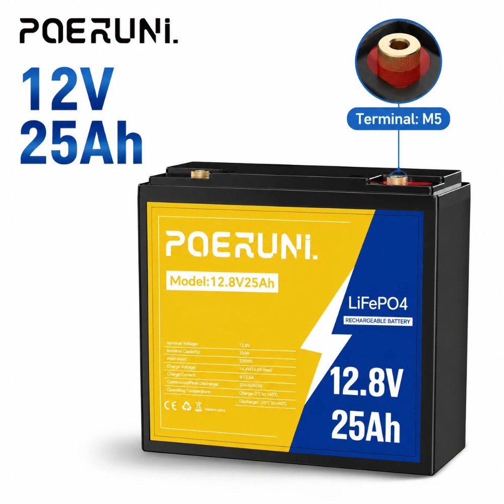POERUNI 12V 25Ah LiFePO4 Lithium Battery Built-in BMS 5000+ Deep Cycle for Solar