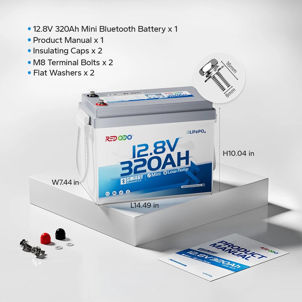 Redodo 12V 320Ah Mini Bluetooth LiFePO4 Battery Low-Temp 200A BMS 4096Wh for RV