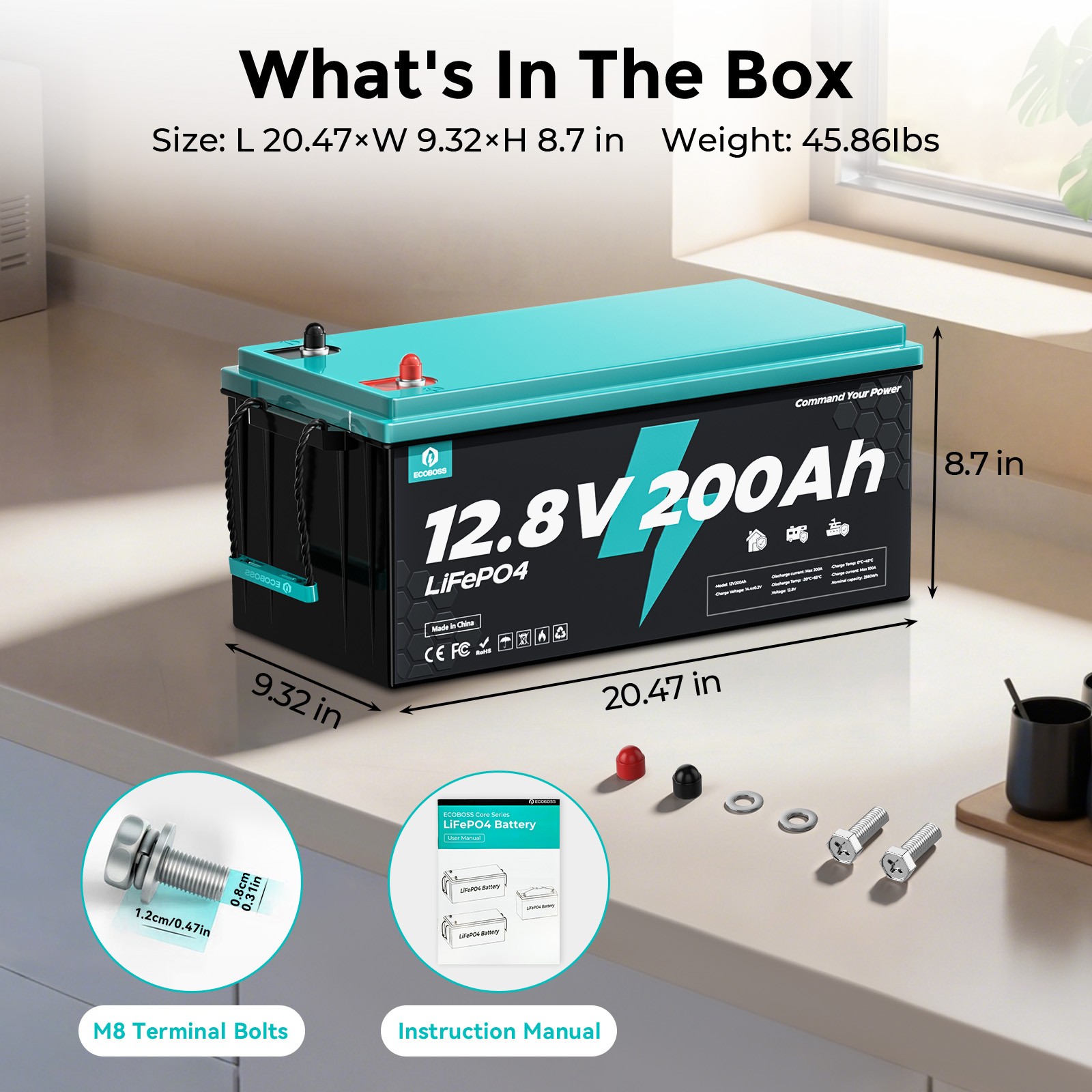 12V 200Ah LiFePO4 Battery 200A BMS 2560Wh Low Temp Protection for RVs Off-Grid