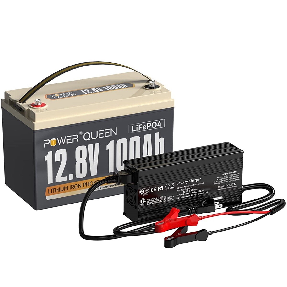 Power Queen 12V 100Ah LiFePO4 Lithium Battery W/ 14.6V 20A Charger For Solar RV