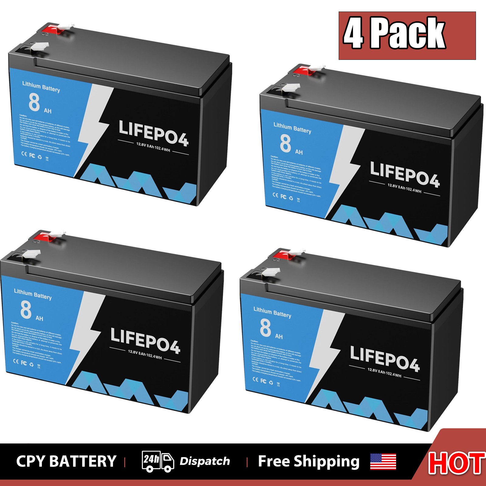 4pack 8AH 12V LiFePO4 Lithium Battery 5000+ Deep Cycle BMS for Solar RV Off-grid