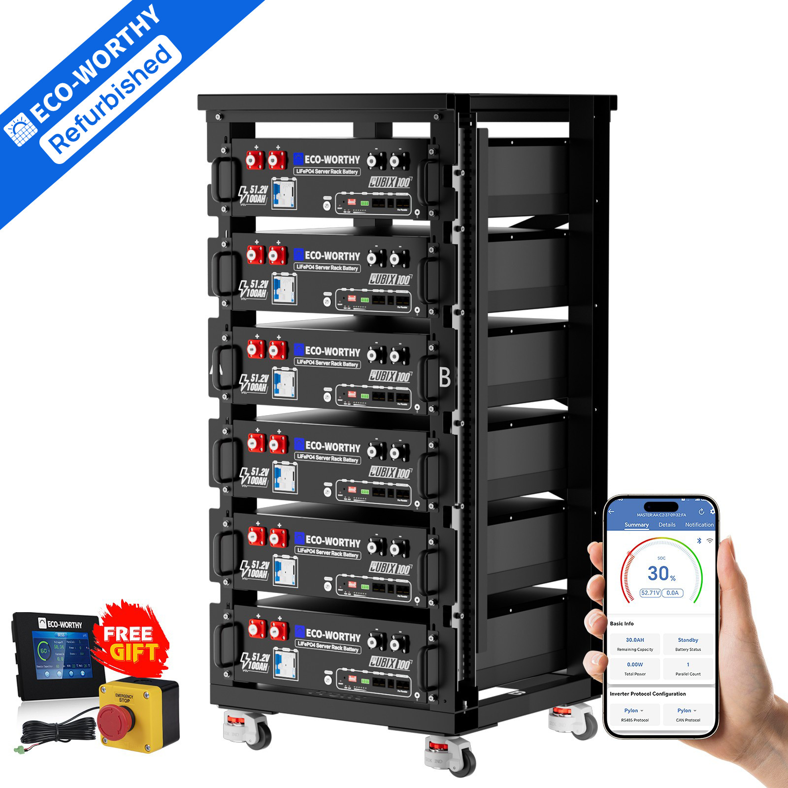 ECO-WORTHY 30.72kWh 6Pack 48V 100AH LiFePO4 Battery UL1973& UL9540A& CEC Listed