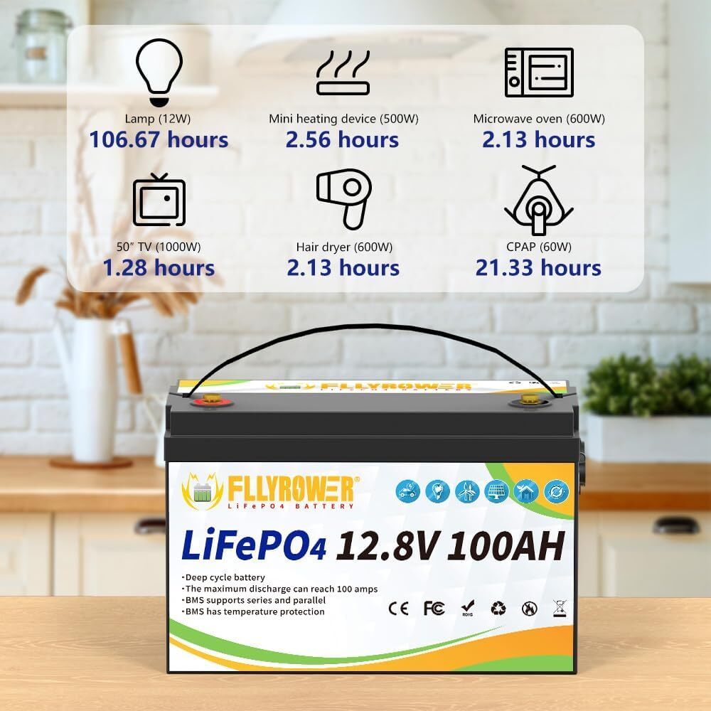 12V 100Ah LiFePO4 Deep Cycle Lithium Battery w/ 100A BMS for Solar RV Off-grid