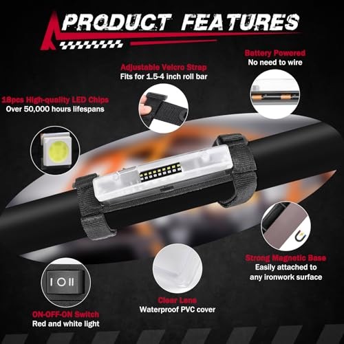 UTV Dome Light, Roll Bar Light Interior Dome Lights Battery Red and White