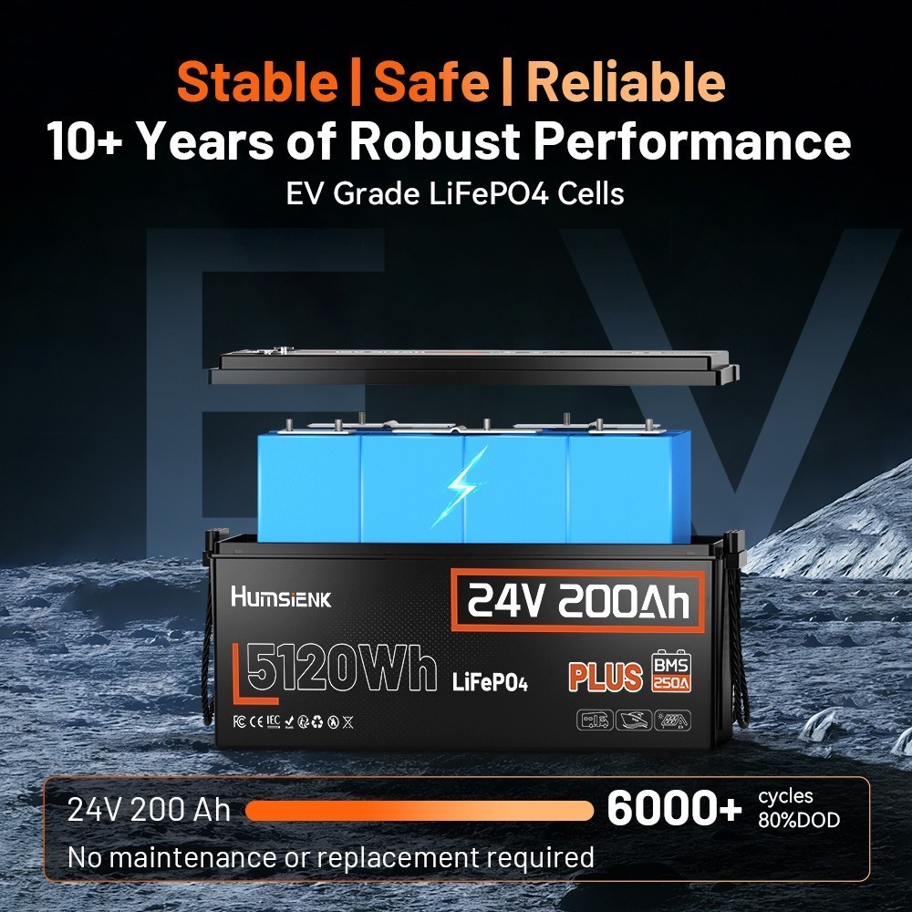 1/2/3/4 Pack 5.1KWh 24V 200Ah LiFePO4 Battery 250A BMS Deep Cycle Solar Off-grid