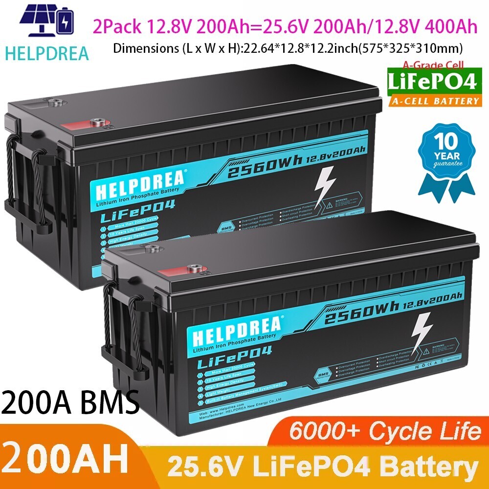 Helpdrea 5120Wh 24V 200Ah LiFePO4 Lithium Battery 200A BMS (2 Pack 12v 200AH) RV