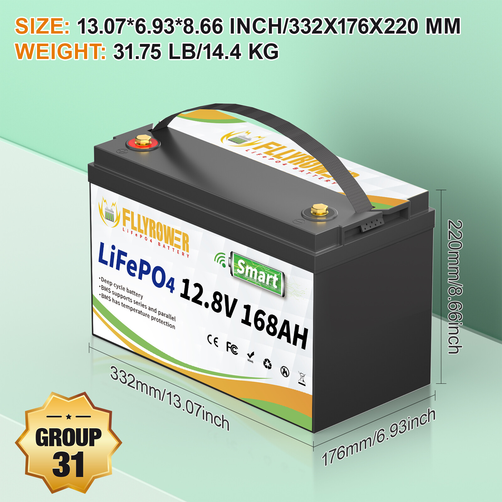2150Wh 12V 168Ah LiFePO4 Lithium Battery Bluetooth RV Trolling Motor Group 31