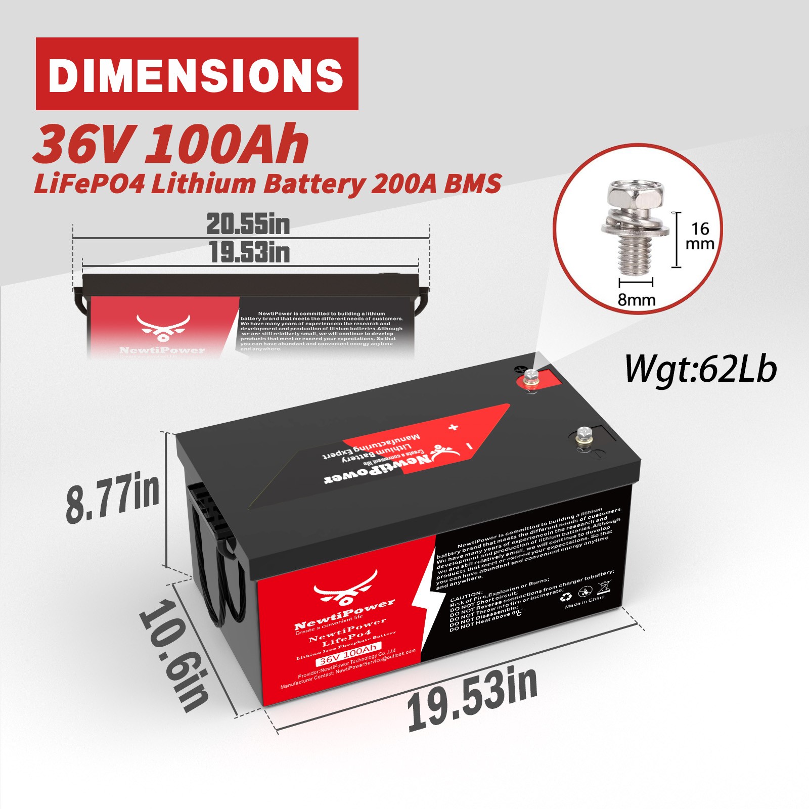 Newtipower 36V 100Ah LiFePO4 Golf Cart Lithium Battery 10000+Cycles 200A BMS RV
