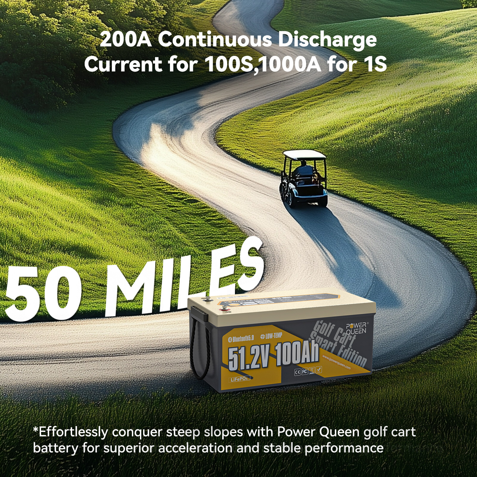 Power Queen 48V 100Ah Bluetooth Lithium LiFePO4 Battery 200A BMS for Golf Cart