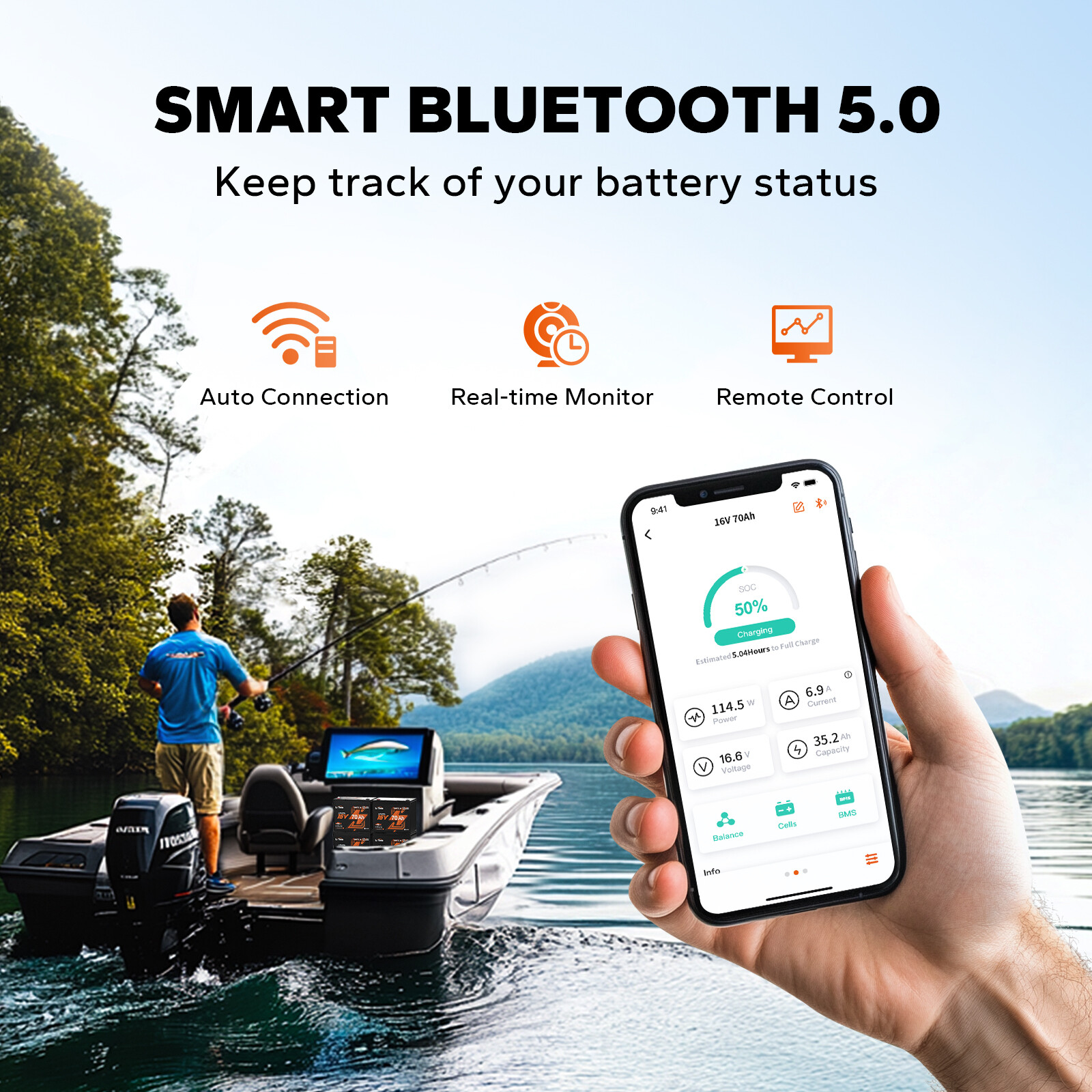 LiTime 16V 70Ah Bluetooth LiFePO4 Lithium Battery+10A Charger For Fish Finder