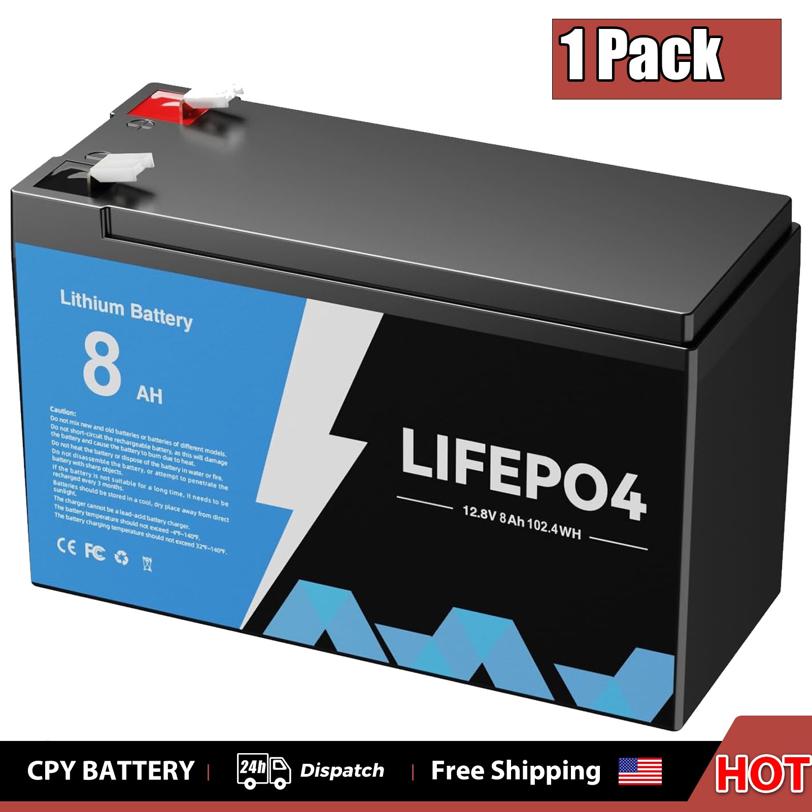 12V 8Ah Lithium LiFePO4 Battery 96Wh Built-in BMS Deep Cycle Marine RV Solar