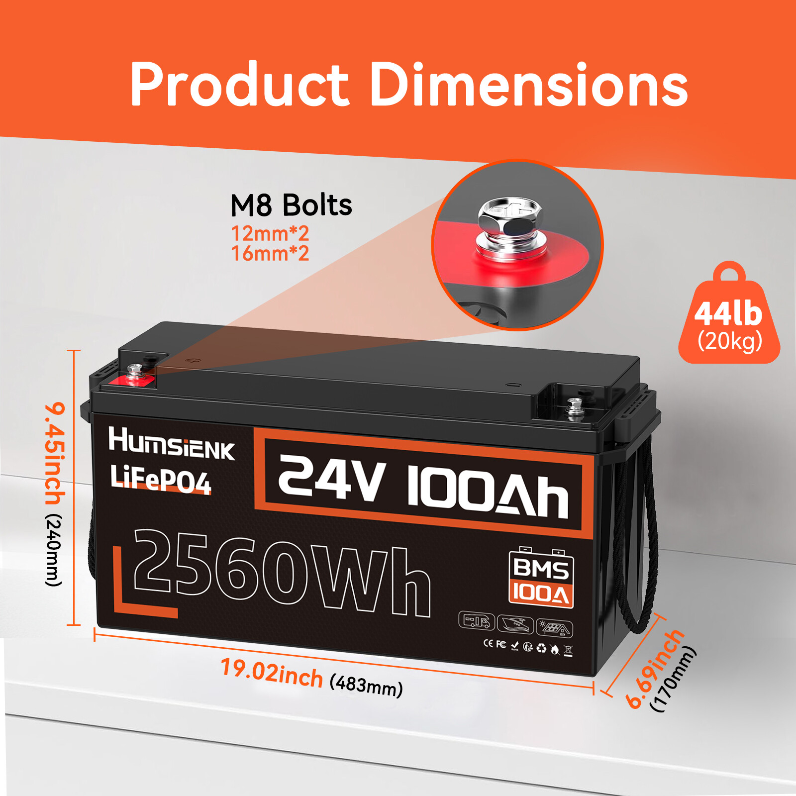 24V 100Ah LiFePO4 Lithium Battery 2560Wh Deep Cycle Solar Marine Yacht RVs Pack
