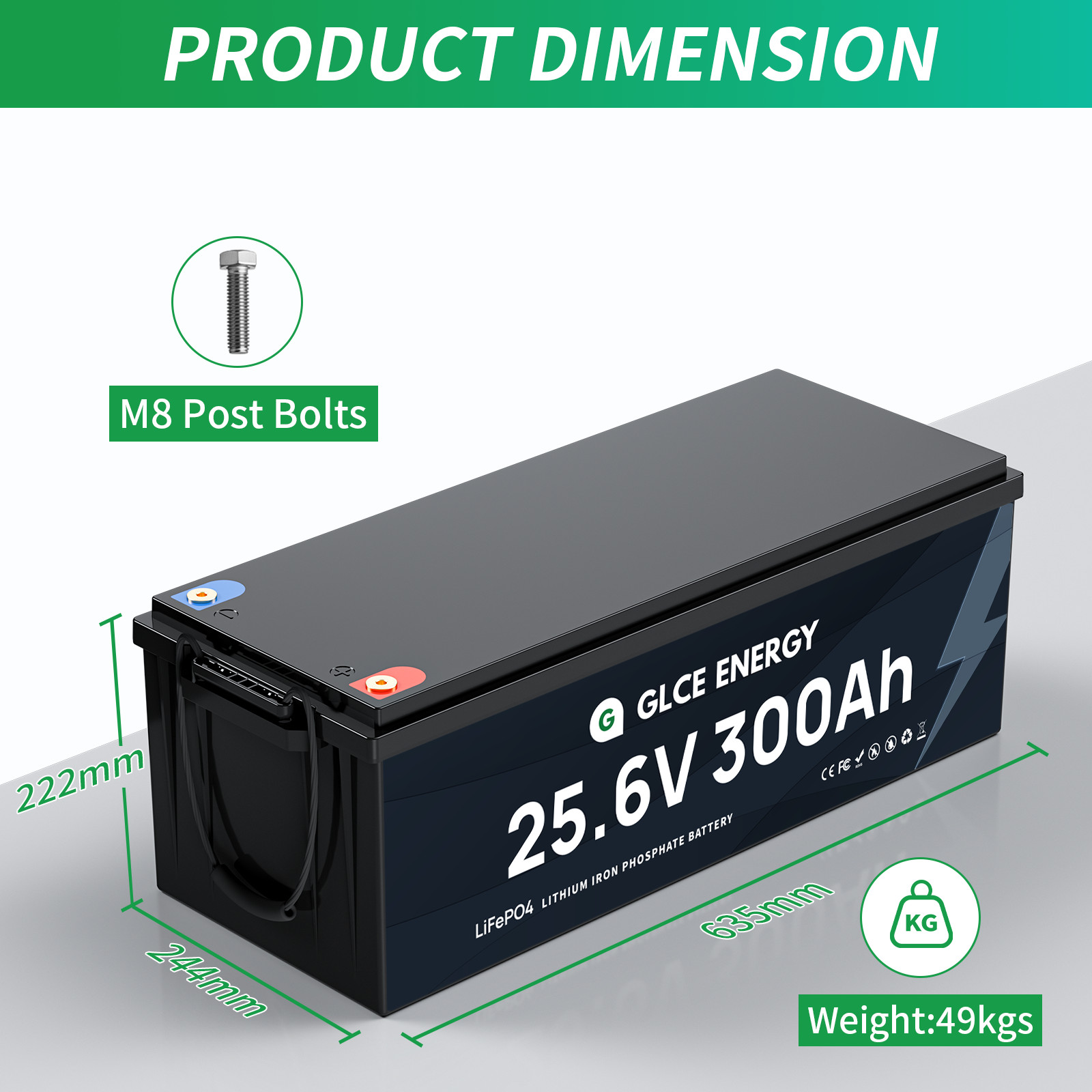GLCE 24V 300Ah LiFePO4 Lithium Battery Bluetooth 15000+Cycle 200A BMS RV Solar