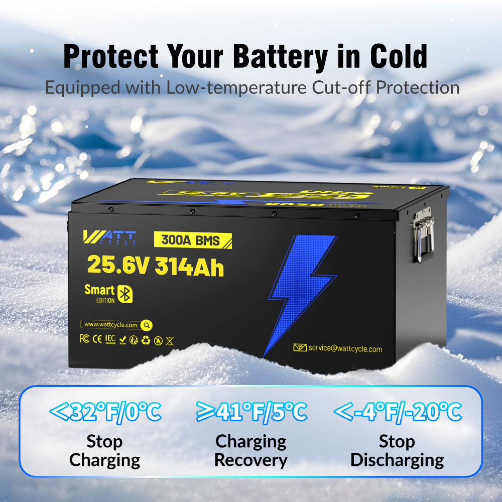 WattCycle 24V 314Ah LiFePO4 Battery 300A BMS + 24V Charger for RV Solar Off-Grid