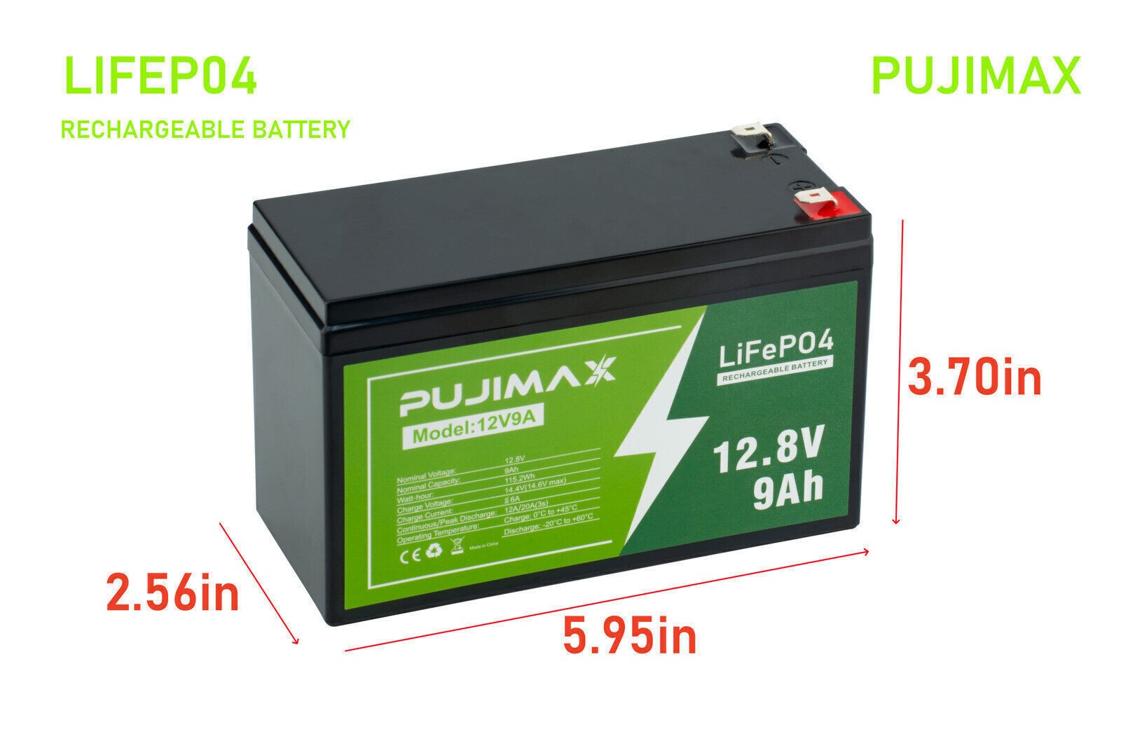 PUJIMAX 12.8V 9Ah LiFePO4 Rechargeable Battery 2000 + Cycles Deep Cycle For Sola