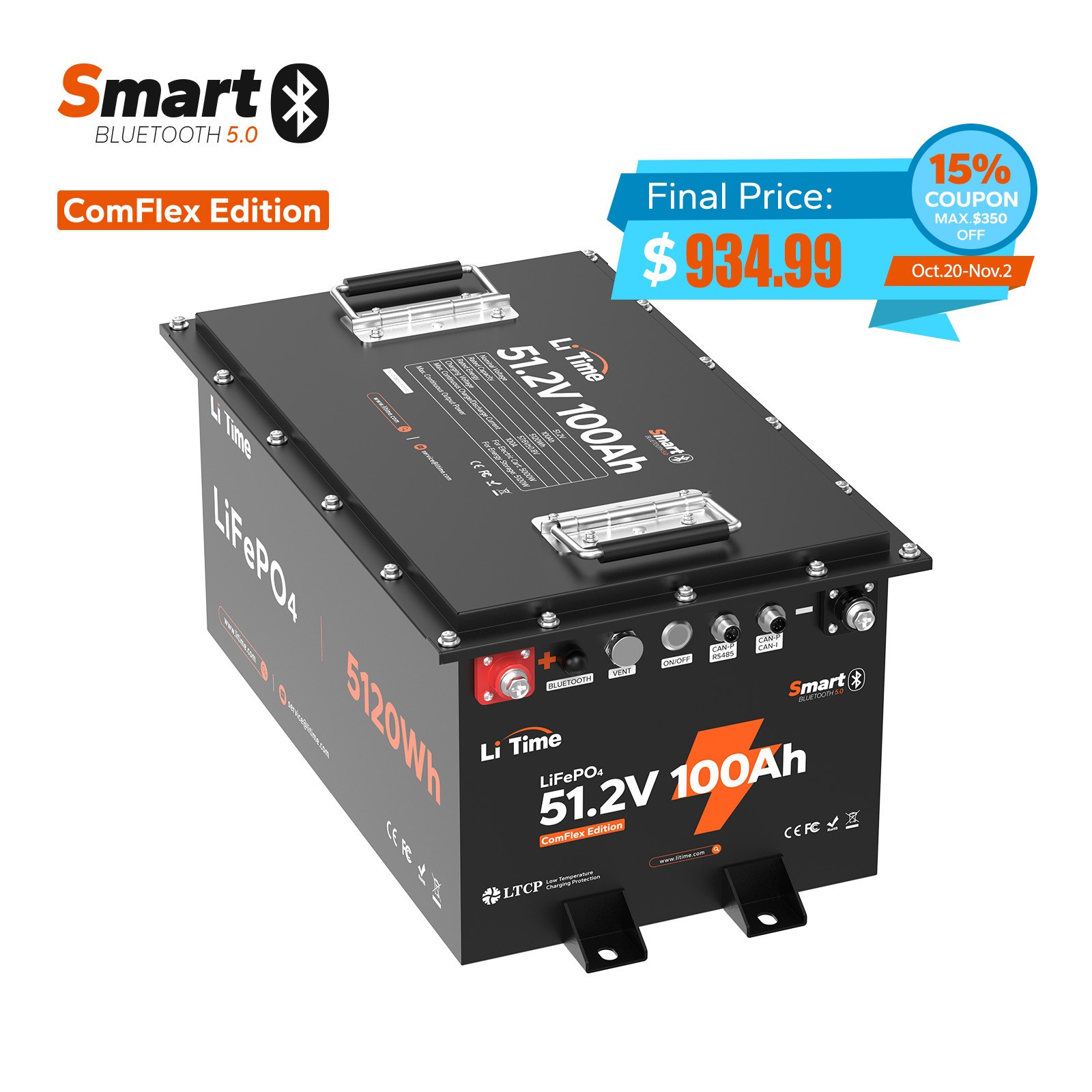 LiTime 48V 100Ah Bluetooth Lithium Battery with Victron Communication For Home