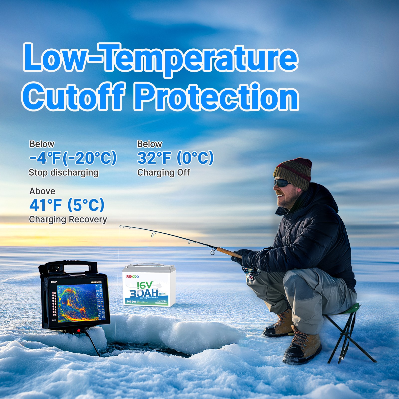 Redodo 16V 30Ah Lithium Marine Battery Bluetooth for Marine,Fish Finder,Radar