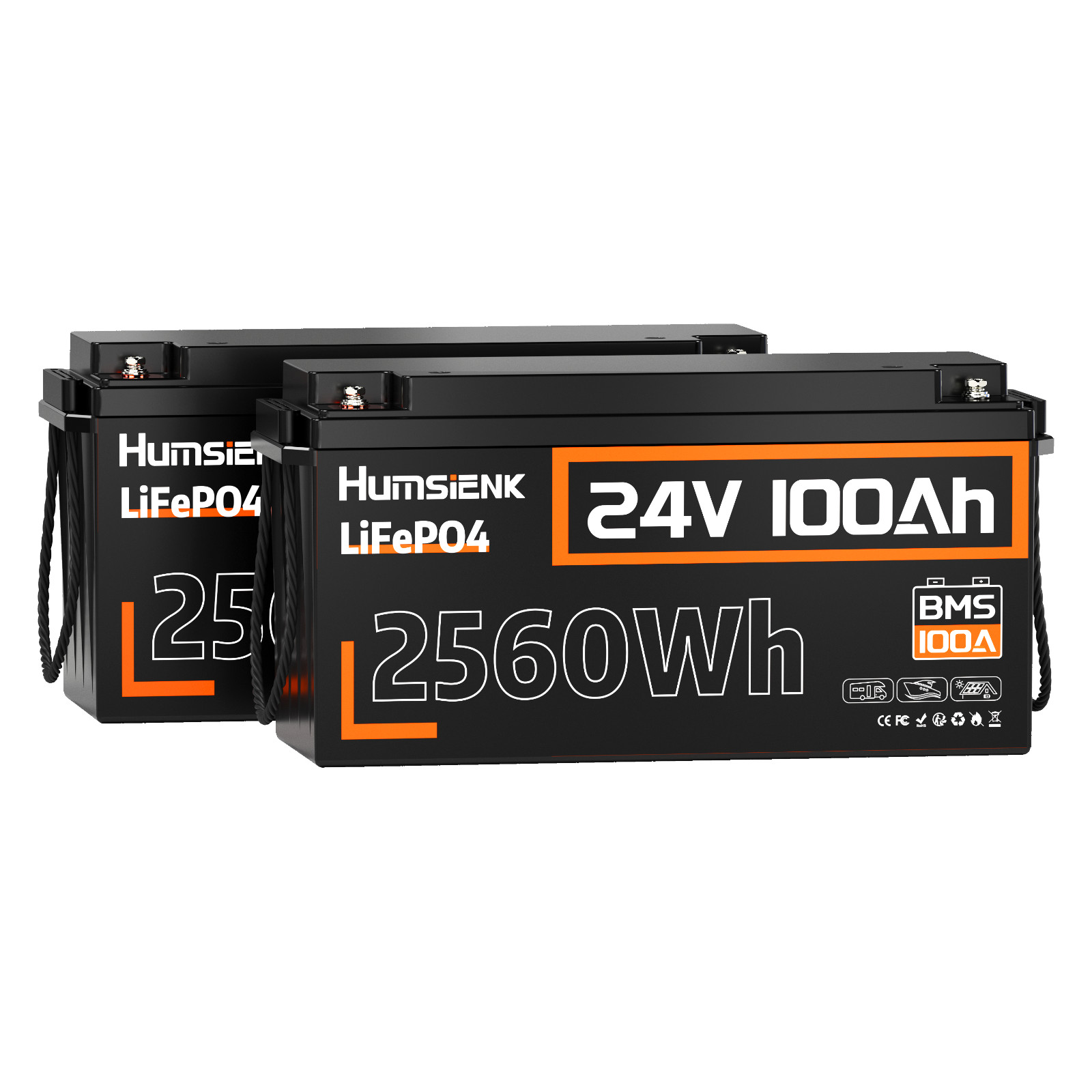 2Pcs 24V 100Ah Lithium LiFePO4 Battery Deep Cycles 100A BMS Solar Yacht Off-Grid