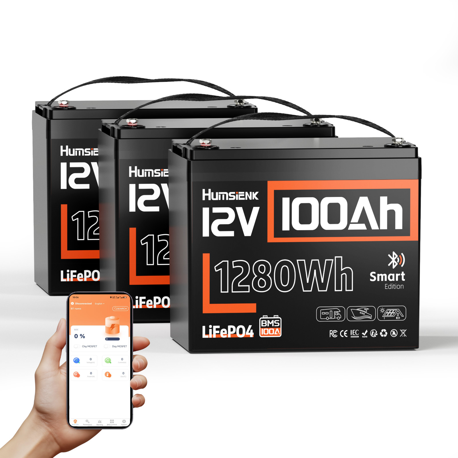 3Pack 3840Wh 12V 100Ah Bluetooth LiFePO4 Lithium Battery 100A BMS Group24 Yacht