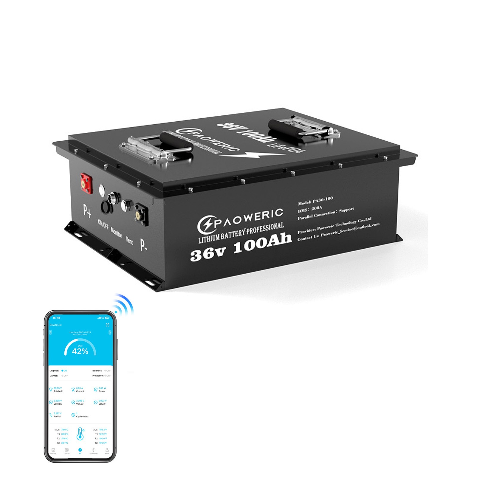 Paoweric 36V 100AH Golf Cart Lithium Battery Bluetooth 10000+ Cycle 200A BMS RV