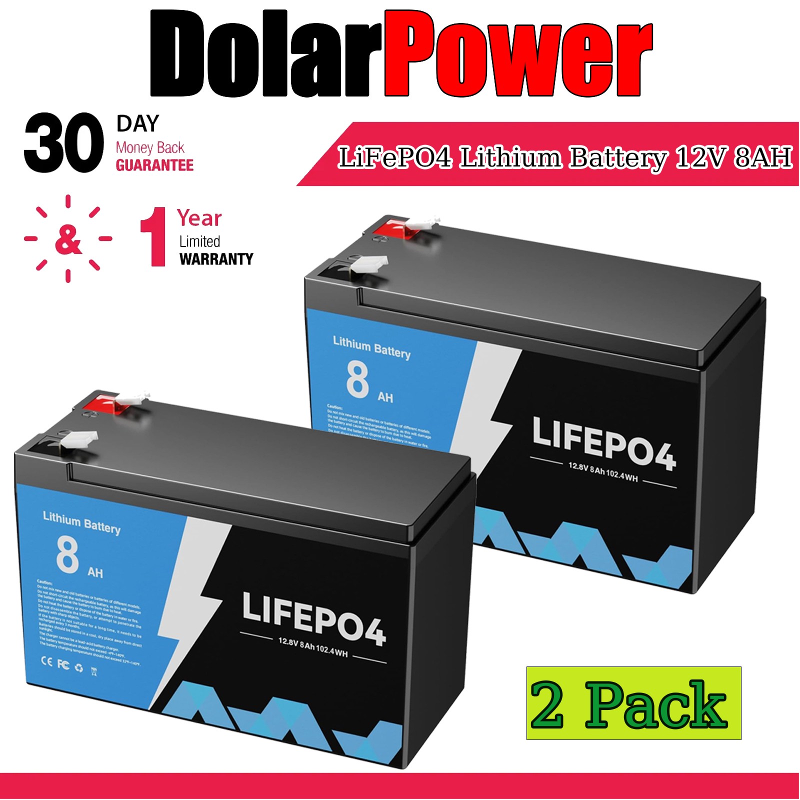 Upgraded 12V 8Ah LiFePO4 Lithium Battery 5000+ Deep Cycles Rechargeable Battery