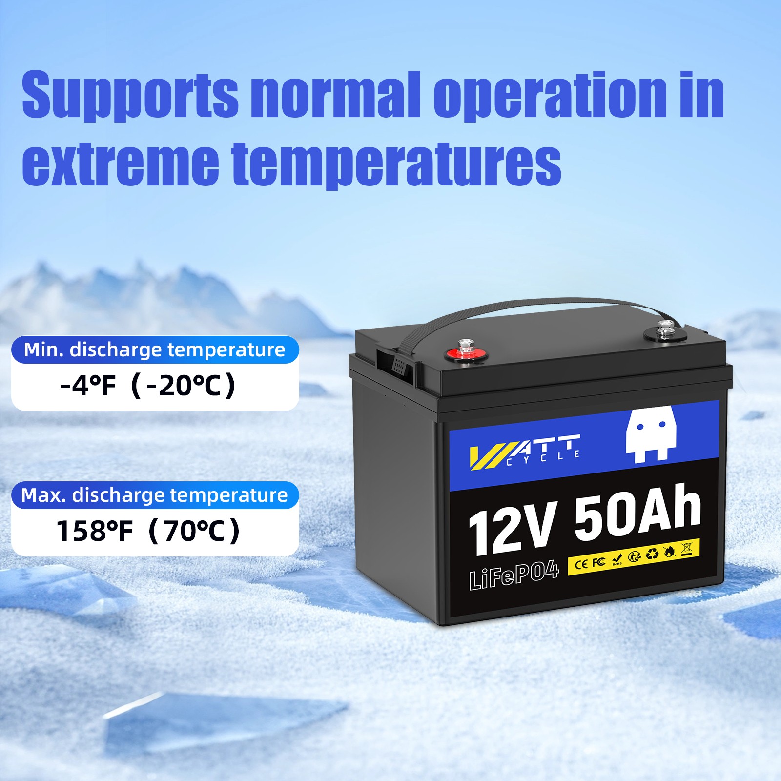 Wattcycle 12V 50Ah 50A BMS 640Wh LiFePO4 Lithium Battery Deep Cycle for Solar